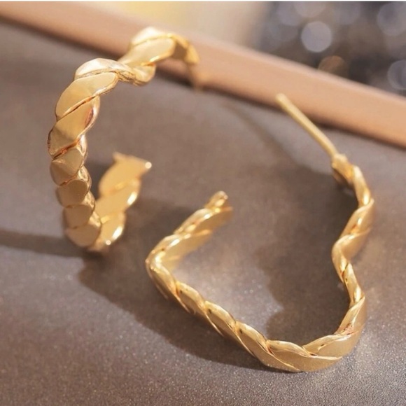 Gold Twist Heart Cuff Hoop Earrings, Unique, Funky - Picture 4 of 16